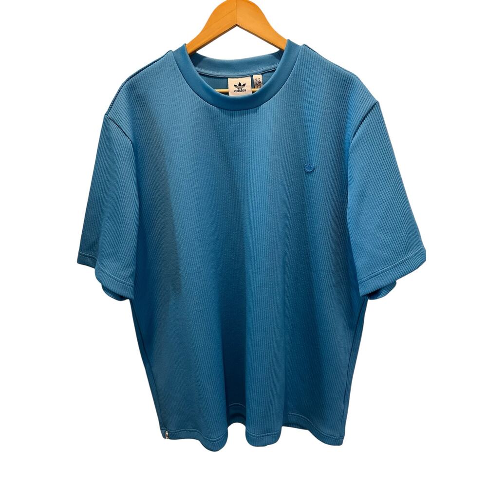 Adidas Originals Blue Ribbed Tee Size L | Y2KStyle StreetwearVibes TrefoilLogo